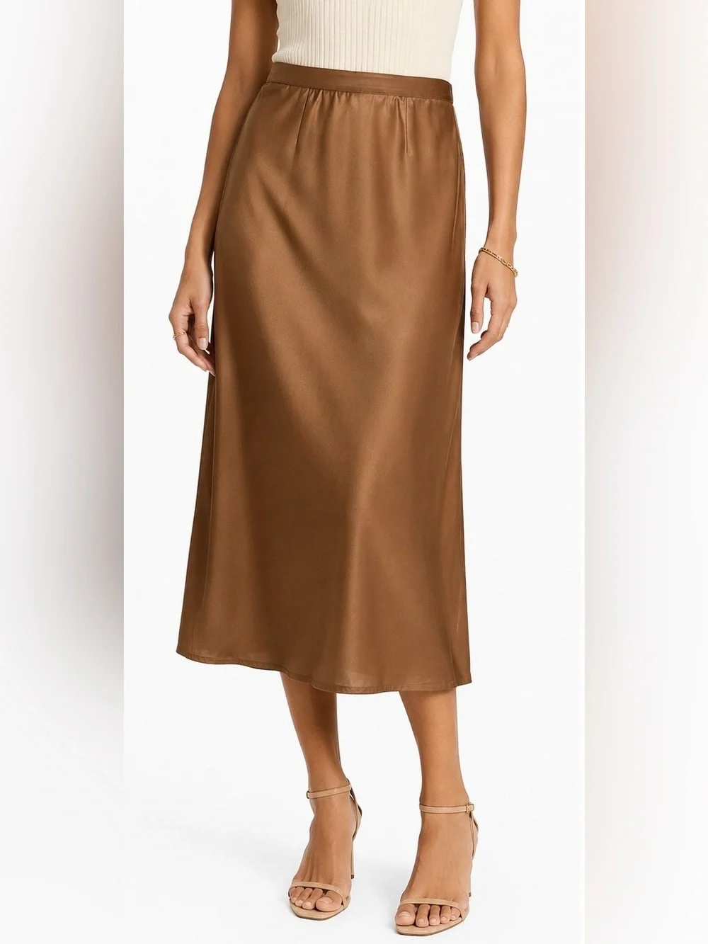 Maggy Boutique Brown Satin Midi Skirt Size 14 Back Zip Back Slit